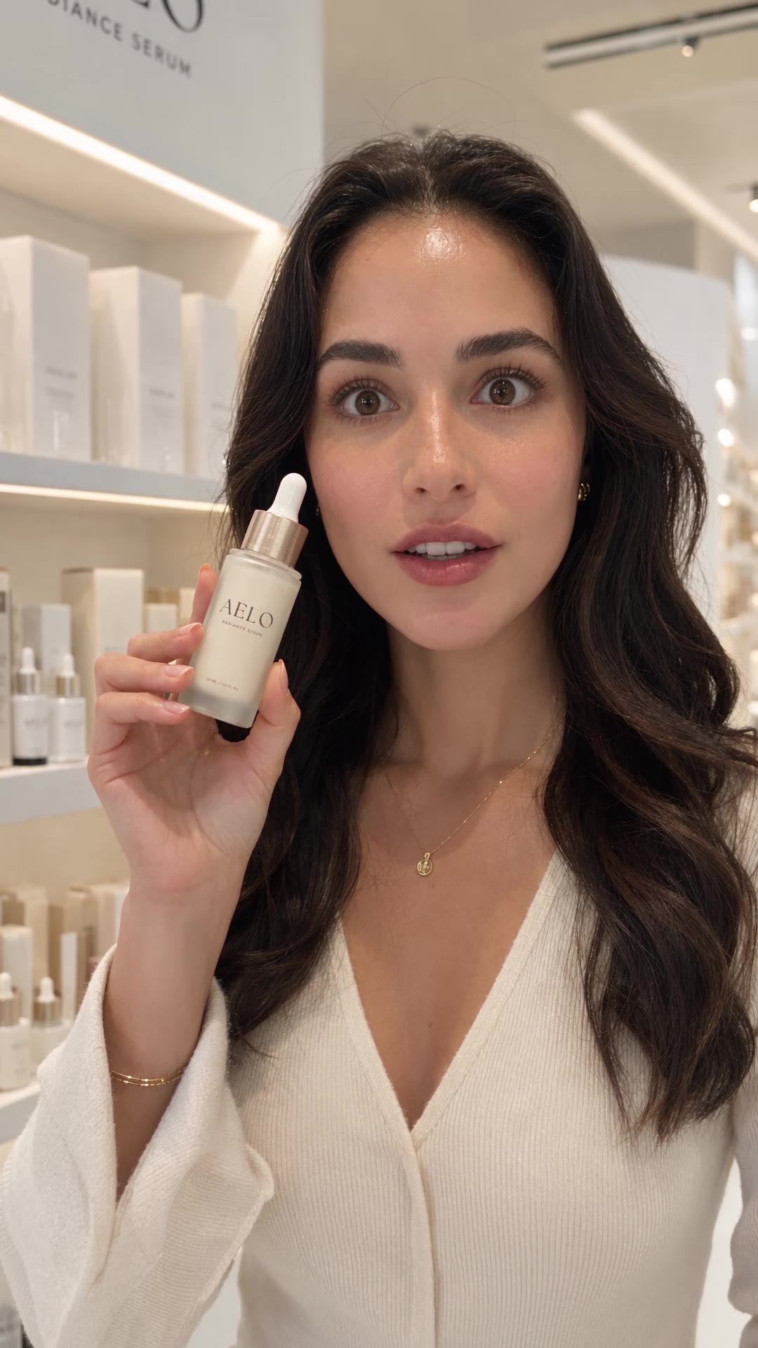 Skincare creator presenting AELO Radiance Serum